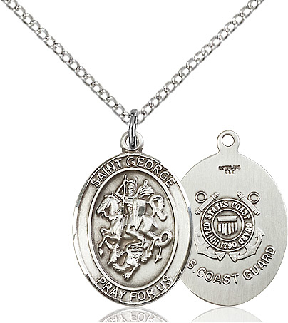 Sterling Silver Saint George Coast Guard Pendant on a 18 inch Sterling Silver Light Curb chain