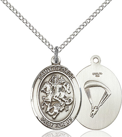 Sterling Silver Saint George Paratrooper Pendant on a 18 inch Sterling Silver Light Curb chain