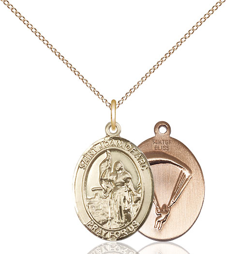 14kt Gold Filled Saint Joan of Arc Paratrooper Pendant on a 18 inch Gold Filled Light Curb chain