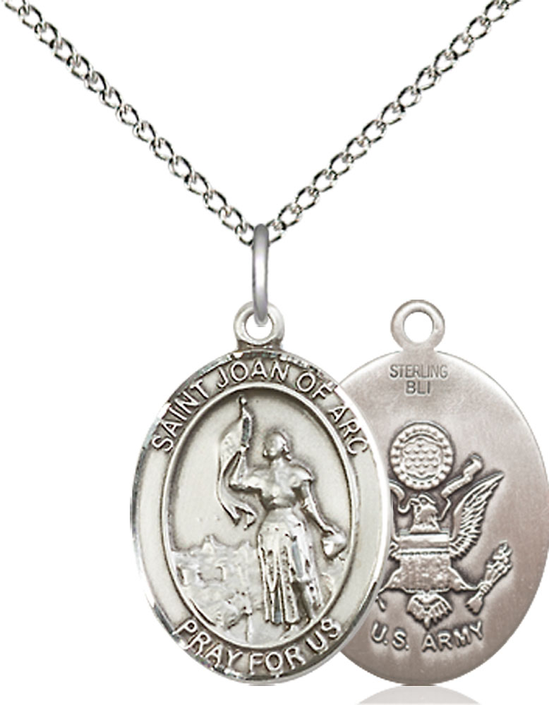 Sterling Silver Saint Joan of Arc Army Pendant on a 18 inch Sterling Silver Light Curb chain
