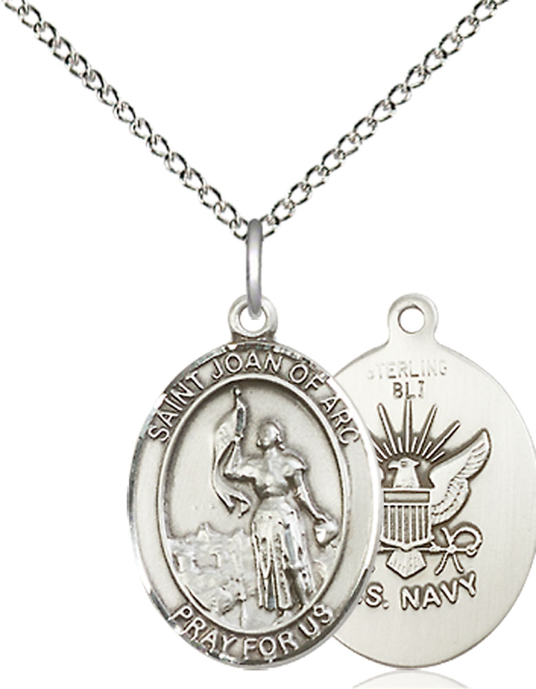 Sterling Silver Saint Joan of Arc Navy Pendant on a 18 inch Sterling Silver Light Curb chain