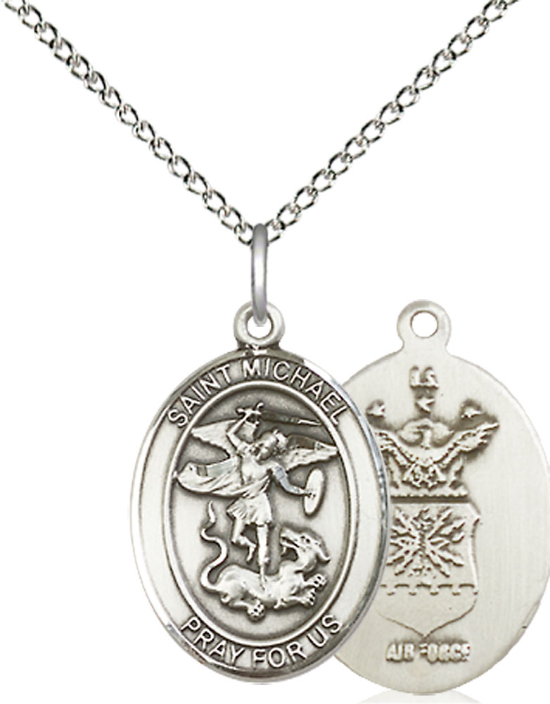 Sterling Silver Saint Michael Air Force Pendant on a 18 inch Sterling Silver Light Curb chain