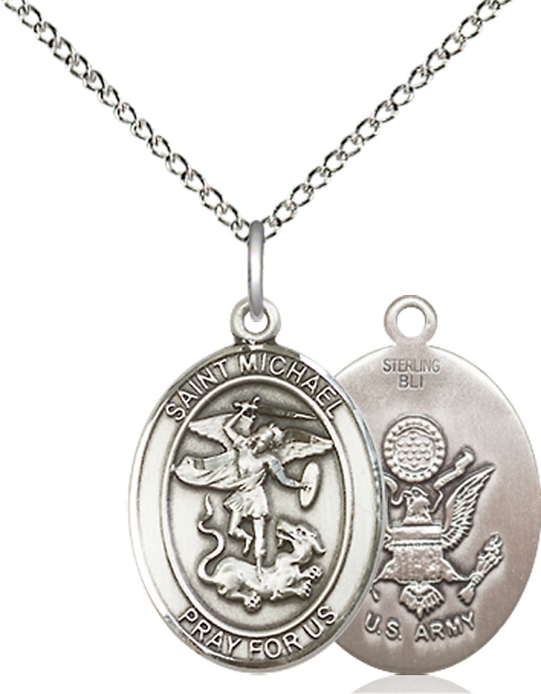 Sterling Silver Saint Michael Army Pendant on a 18 inch Sterling Silver Light Curb chain