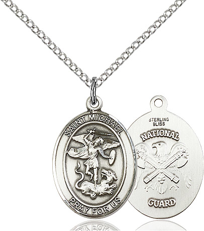 Sterling Silver Saint Michael National Guard Pendant on a 18 inch Sterling Silver Light Curb chain
