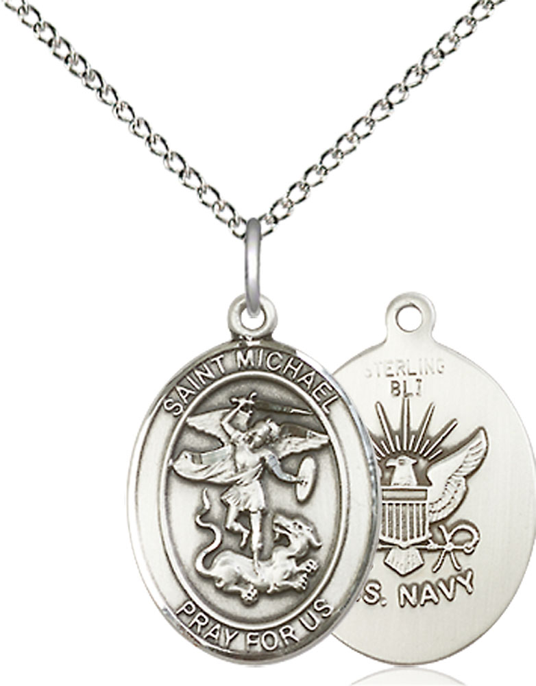 Sterling Silver Saint Michael Navy Pendant on a 18 inch Sterling Silver Light Curb chain
