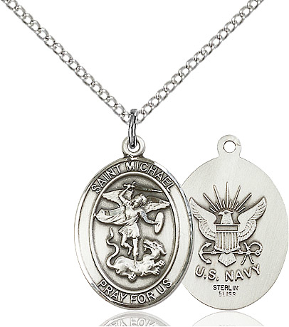 Sterling Silver Saint Michael Navy Pendant on a 18 inch Sterling Silver Light Curb chain
