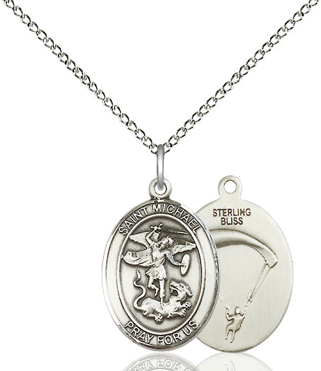 Sterling Silver Saint Michael Paratrooper Pendant on a 18 inch Sterling Silver Light Curb chain