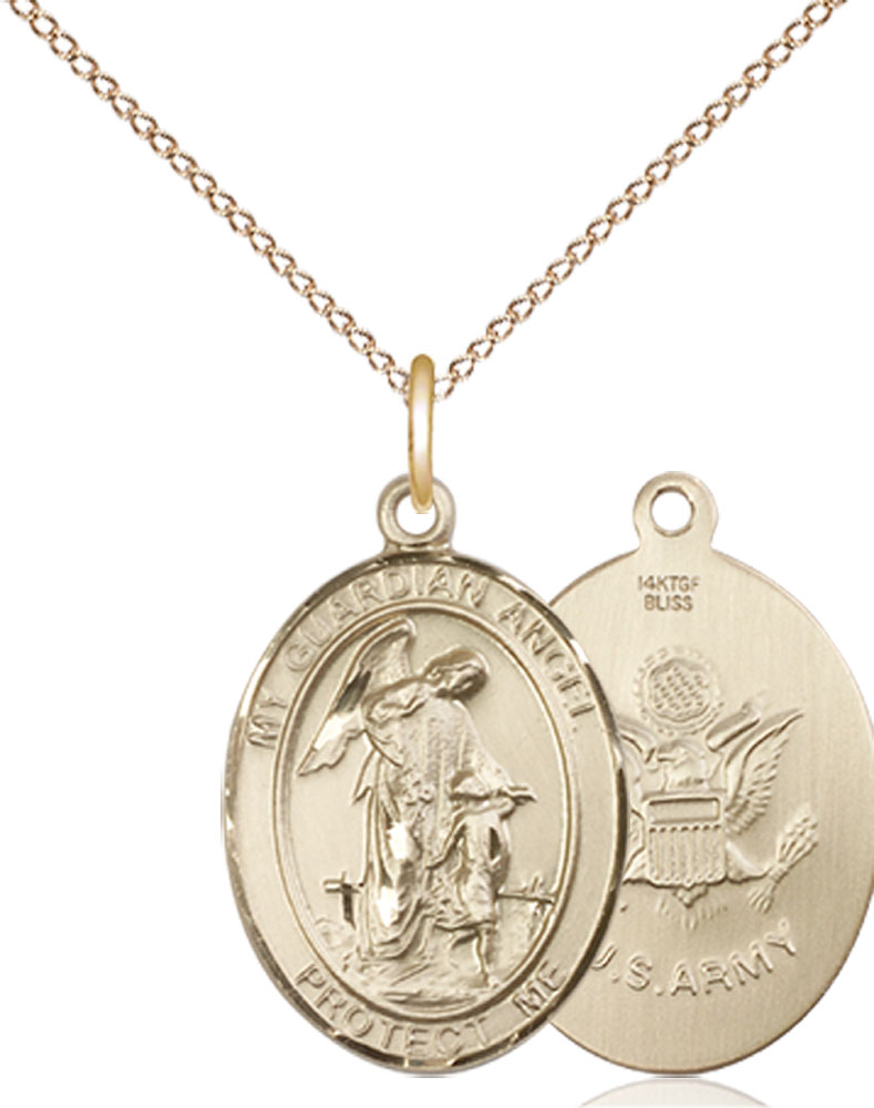 14kt Gold Filled Guardian Angel Army Pendant on a 18 inch Gold Filled Light Curb chain