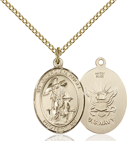 14kt Gold Filled Guardian Angel Navy Pendant on a 18 inch Gold Filled Light Curb chain
