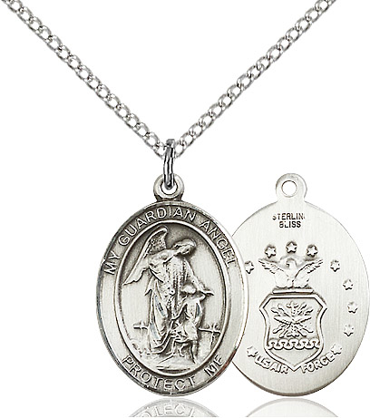 Sterling Silver Guardian Angel Air Force Pendant on a 18 inch Sterling Silver Light Curb chain