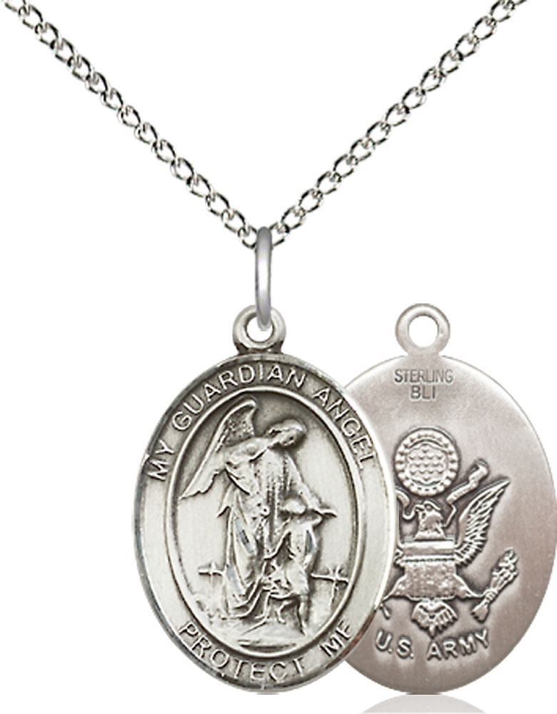 Sterling Silver Guardian Angel Army Pendant on a 18 inch Sterling Silver Light Curb chain