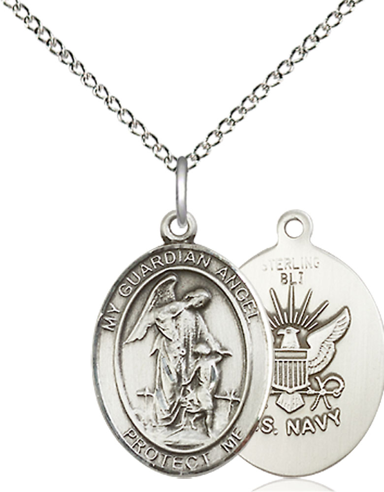 Sterling Silver Guardian Angel Navy Pendant on a 18 inch Sterling Silver Light Curb chain