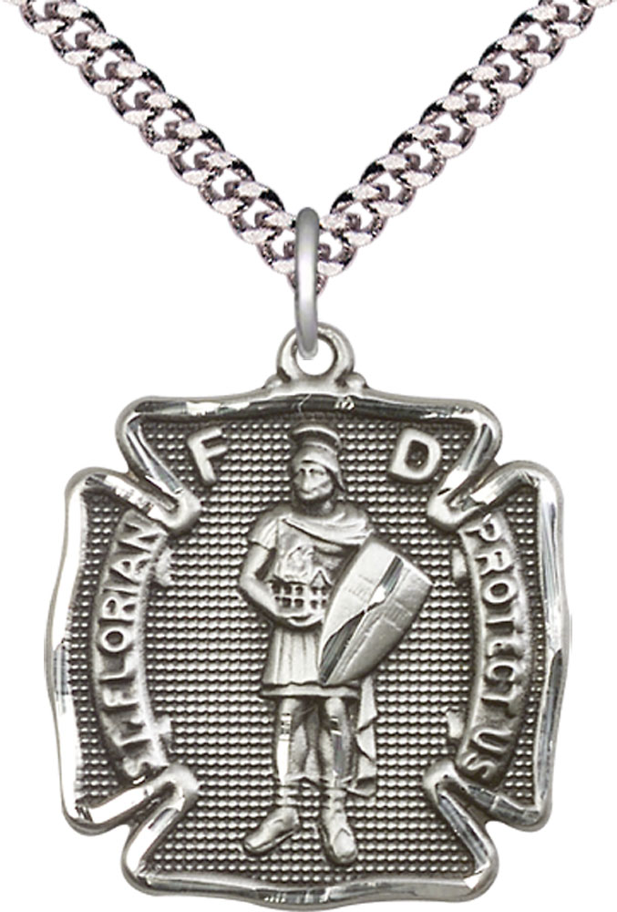 Sterling Silver Saint Florian Pendant on a 24 inch Light Rhodium Heavy Curb chain