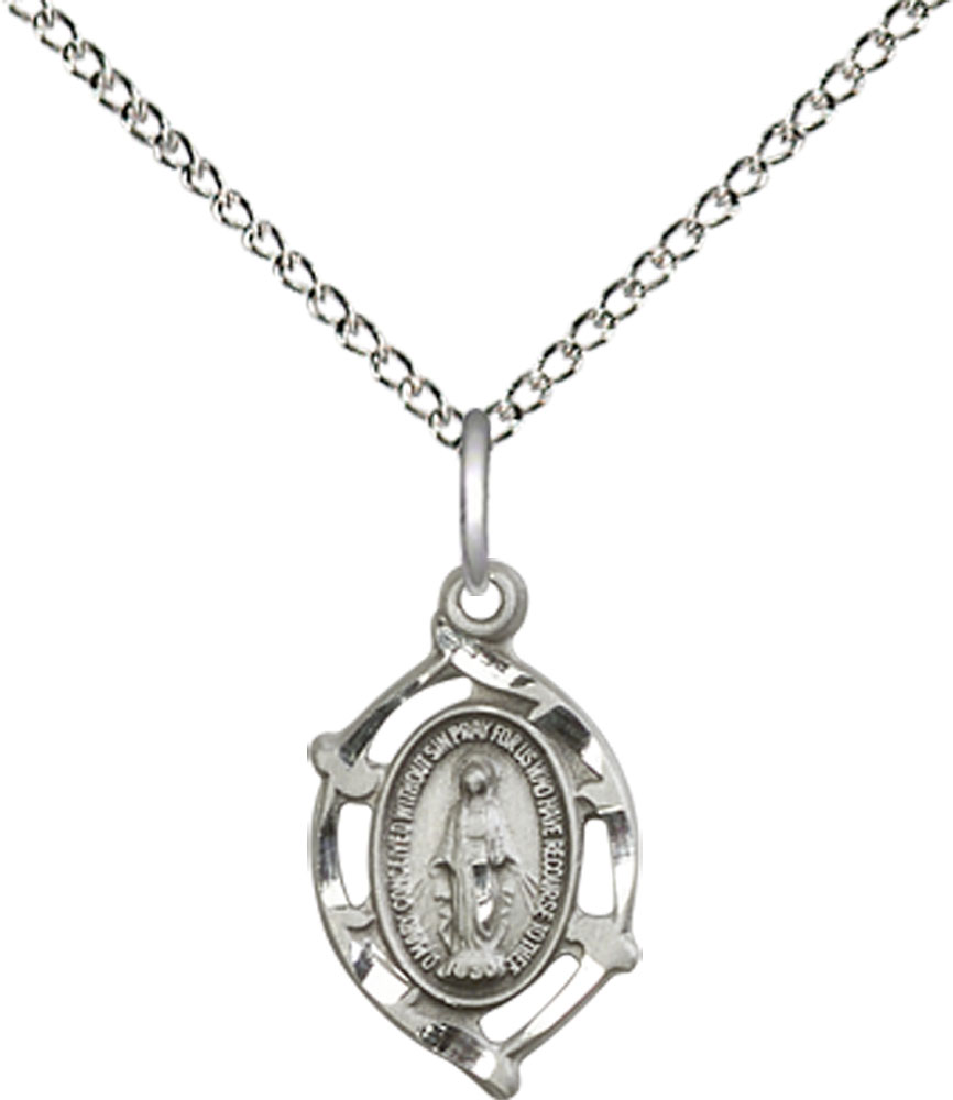 Sterling Silver Miraculous Pendant on a 18 inch Sterling Silver Light Curb chain