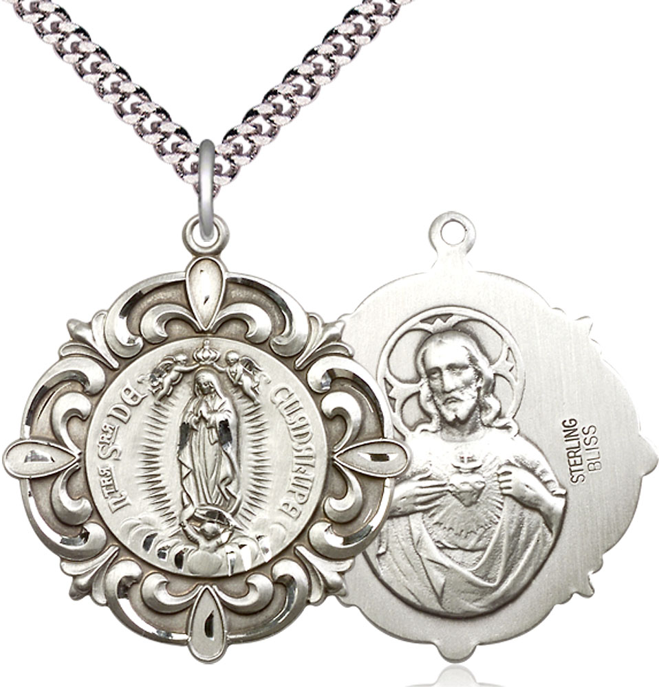 Sterling Silver Our Lady of Guadalupe Pendant on a 24 inch Light Rhodium Heavy Curb chain