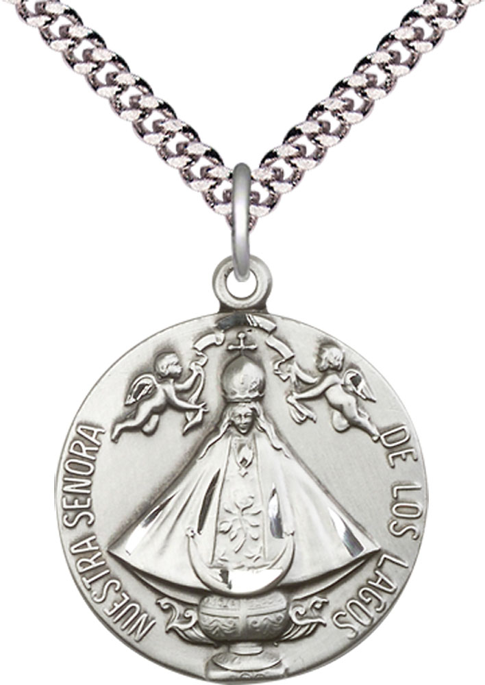 Sterling Silver Senora de Los Lagos Pendant on a 24 inch Light Rhodium Heavy Curb chain