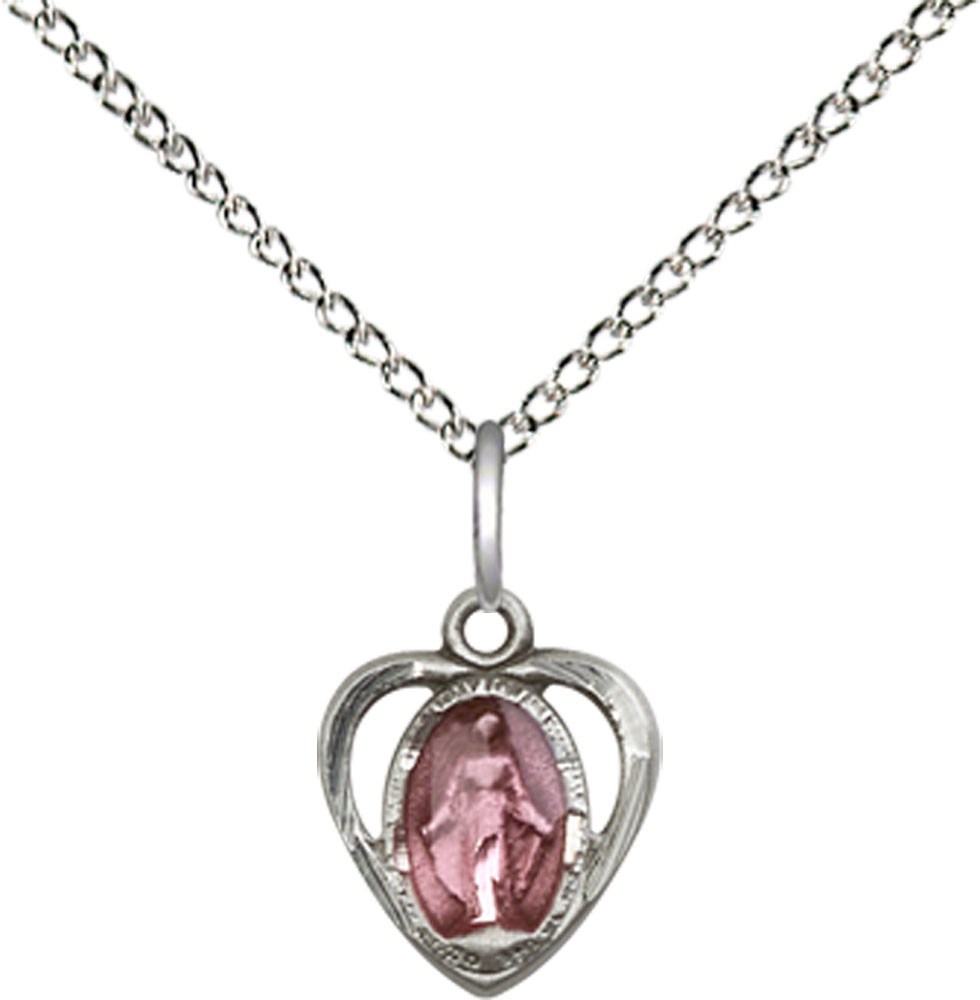 Sterling Silver Miraculous Heart w/Epoxy Pendant on a 18 inch Sterling Silver Light Curb chain