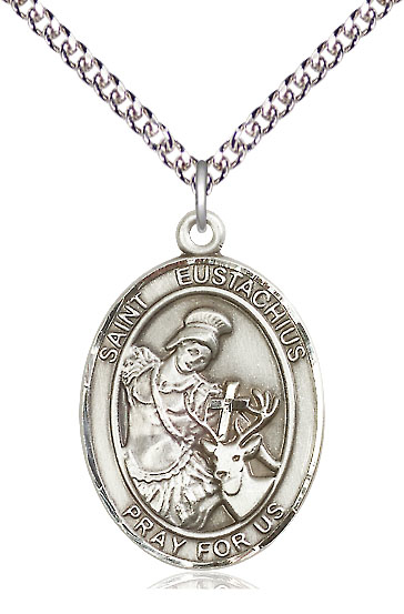 Sterling Silver Saint Eustachius Pendant on a 24 inch Sterling Silver Heavy Curb chain