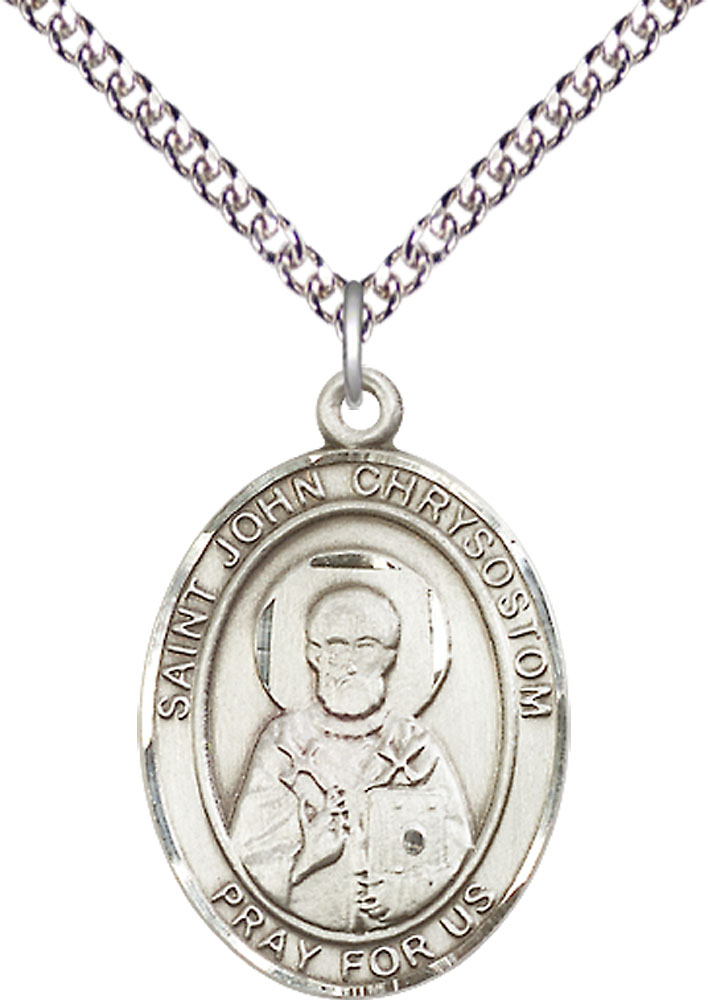 Sterling Silver Saint John Chrysostom Pendant on a 24 inch Sterling Silver Heavy Curb chain