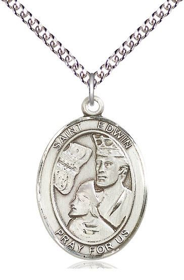 Sterling Silver Saint Edwin Pendant on a 24 inch Sterling Silver Heavy Curb chain