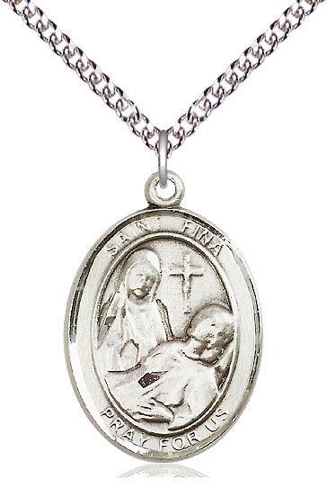 Sterling Silver Saint Fina Pendant on a 24 inch Sterling Silver Heavy Curb chain