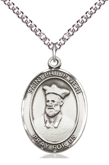 Sterling Silver Saint Philip Neri Pendant on a 24 inch Sterling Silver Heavy Curb chain