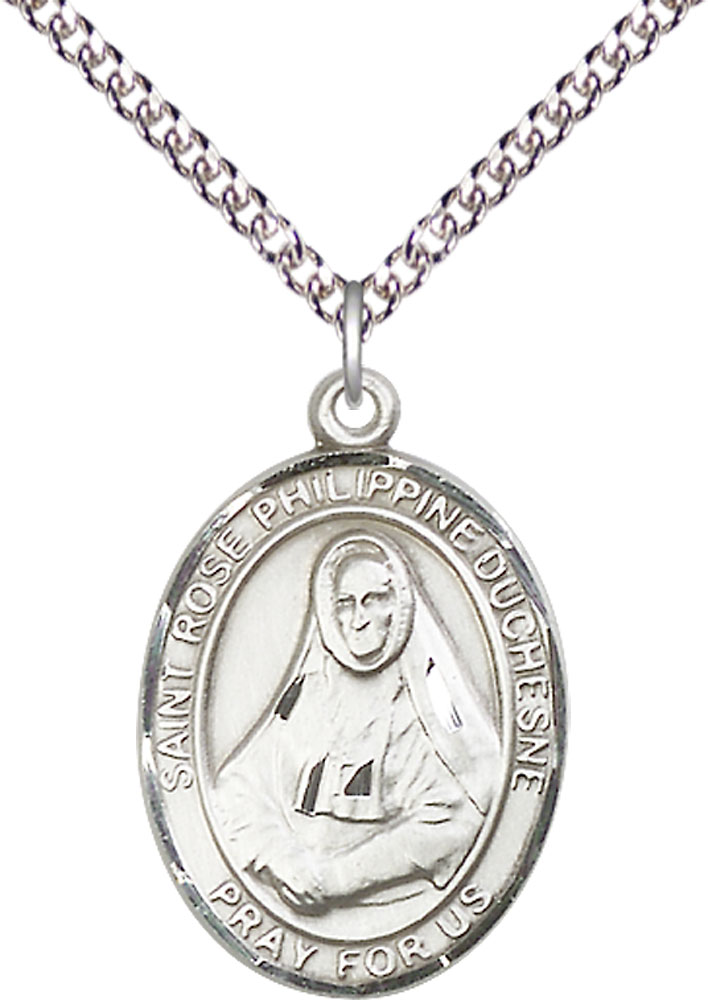Sterling Silver Saint Rose Philippine Pendant on a 24 inch Sterling Silver Heavy Curb chain