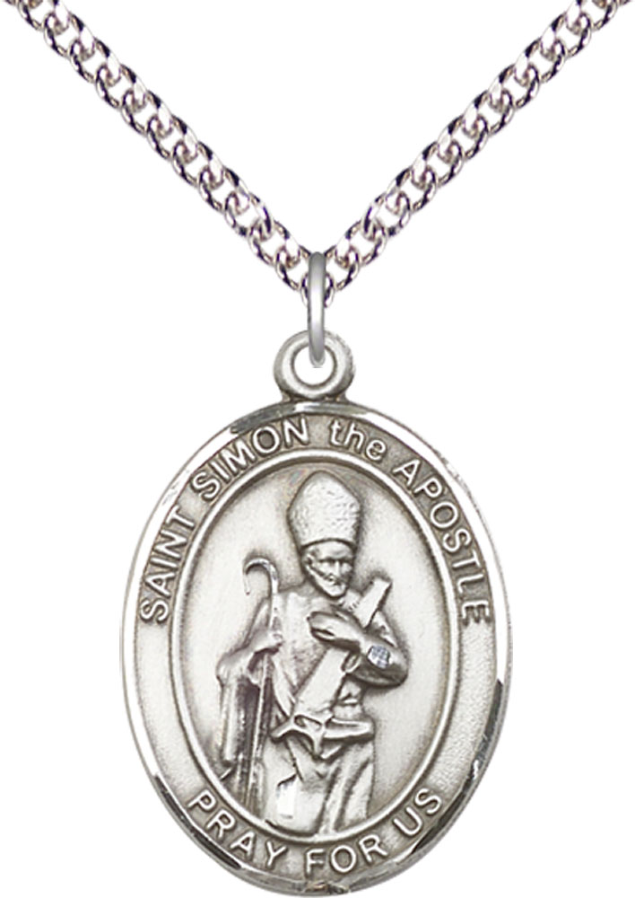 Sterling Silver Saint Simon Pendant on a 24 inch Sterling Silver Heavy Curb chain