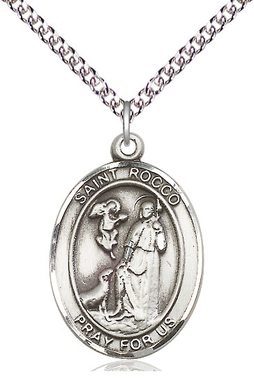 Sterling Silver Saint Rocco Pendant on a 24 inch Sterling Silver Heavy Curb chain