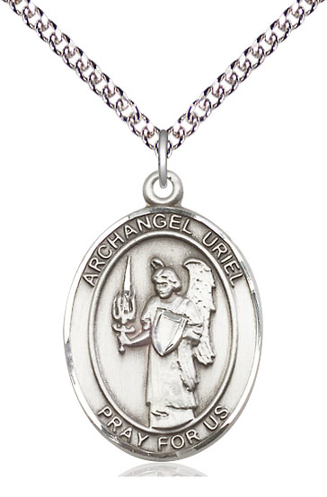 Sterling Silver Saint Uriel the Archangel Pendant on a 24 inch Sterling Silver Heavy Curb chain