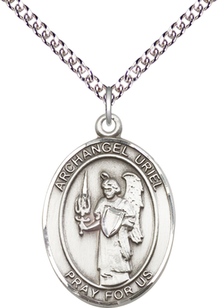 Sterling Silver Saint Uriel the Archangel Pendant on a 24 inch Sterling Silver Heavy Curb chain