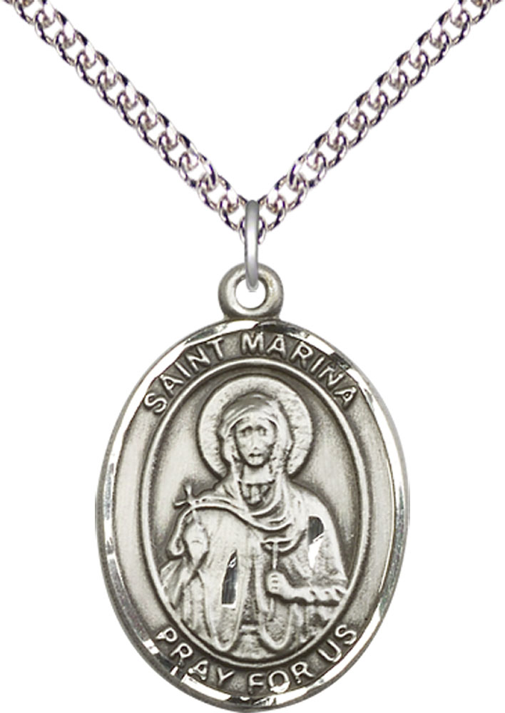 Sterling Silver Saint Marina Pendant on a 24 inch Sterling Silver Heavy Curb chain