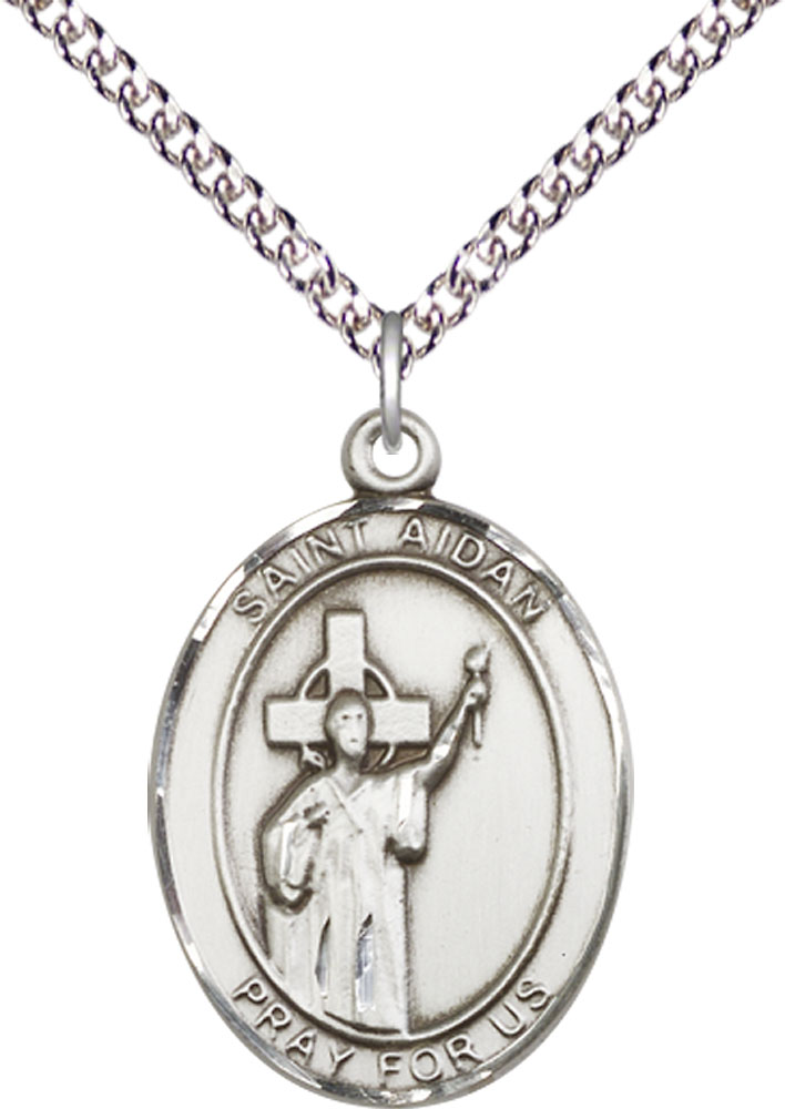 Sterling Silver Saint Aidan of Lindesfarne Pendant on a 24 inch Sterling Silver Heavy Curb chain