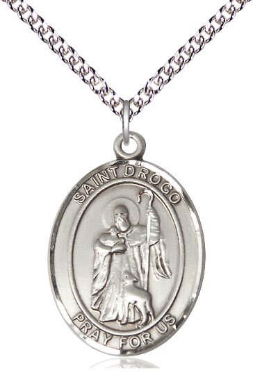 Sterling Silver Saint Drogo Pendant on a 24 inch Sterling Silver Heavy Curb chain