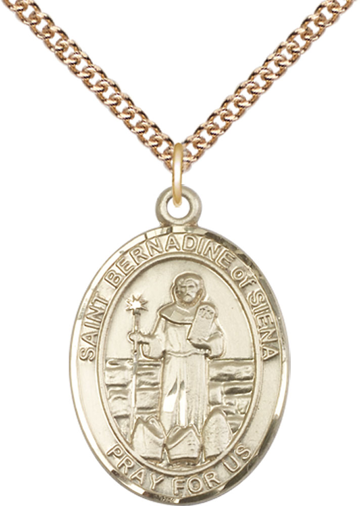 14kt Gold Filled Saint Bernadine of Sienna Pendant on a 24 inch Gold Filled Heavy Curb chain
