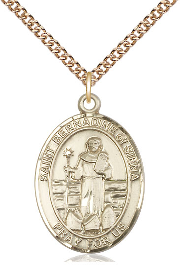 14kt Gold Filled Saint Bernadine of Sienna Pendant on a 24 inch Gold Filled Heavy Curb chain