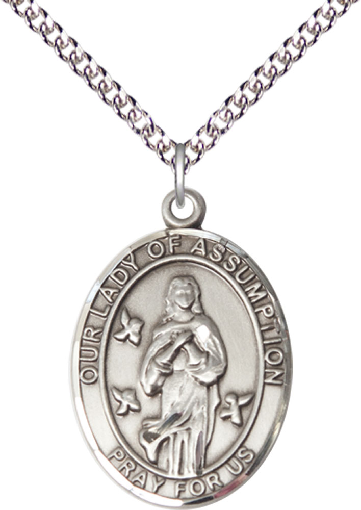 Sterling Silver Our Lady of Assumption Pendant on a 24 inch Sterling Silver Heavy Curb chain