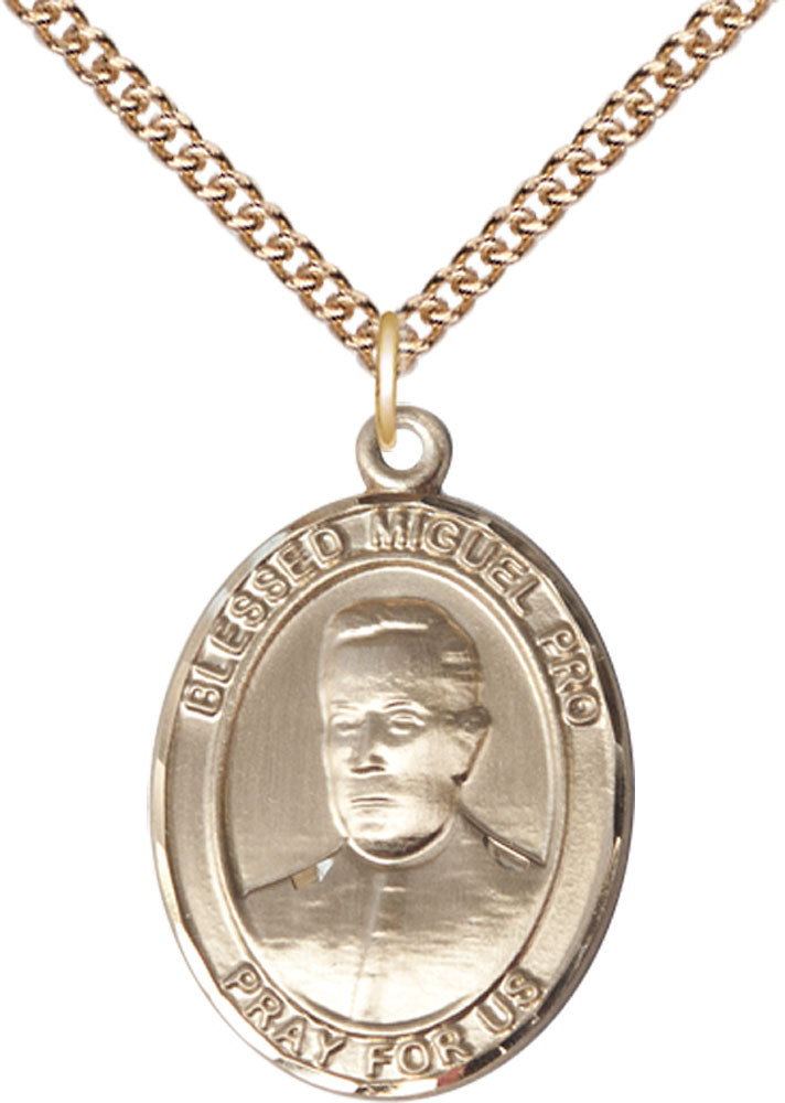 14kt Gold Filled Blessed Miguel Pro Pendant on a 24 inch Gold Filled Heavy Curb chain