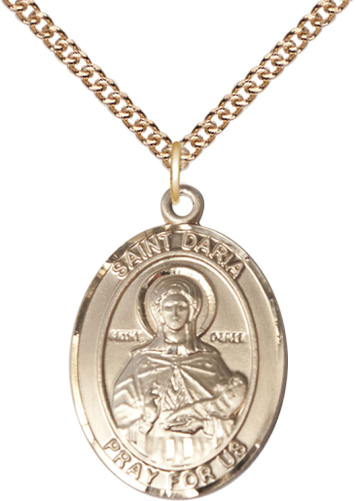 14kt Gold Filled Saint Daria Pendant on a 24 inch Gold Filled Heavy Curb chain