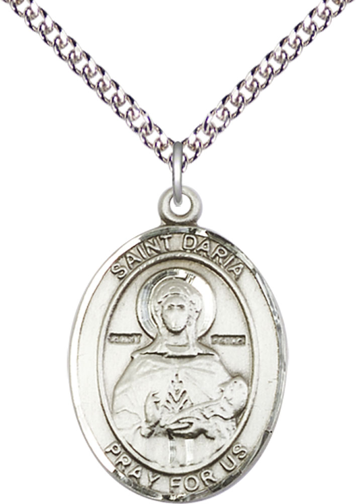 Sterling Silver Saint Daria Pendant on a 24 inch Sterling Silver Heavy Curb chain