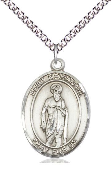 Sterling Silver Saint Nathanael Pendant on a 24 inch Sterling Silver Heavy Curb chain