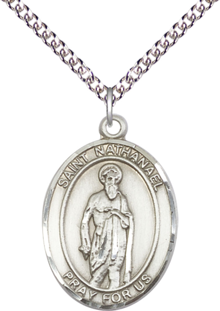 Sterling Silver Saint Nathanael Pendant on a 24 inch Sterling Silver Heavy Curb chain