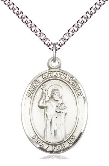Sterling Silver Saint Columbkille Pendant on a 24 inch Sterling Silver Heavy Curb chain