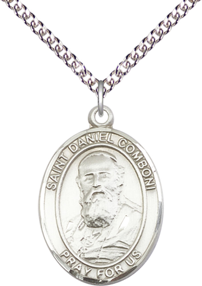 Sterling Silver Saint Daniel Comboni Pendant on a 24 inch Sterling Silver Heavy Curb chain