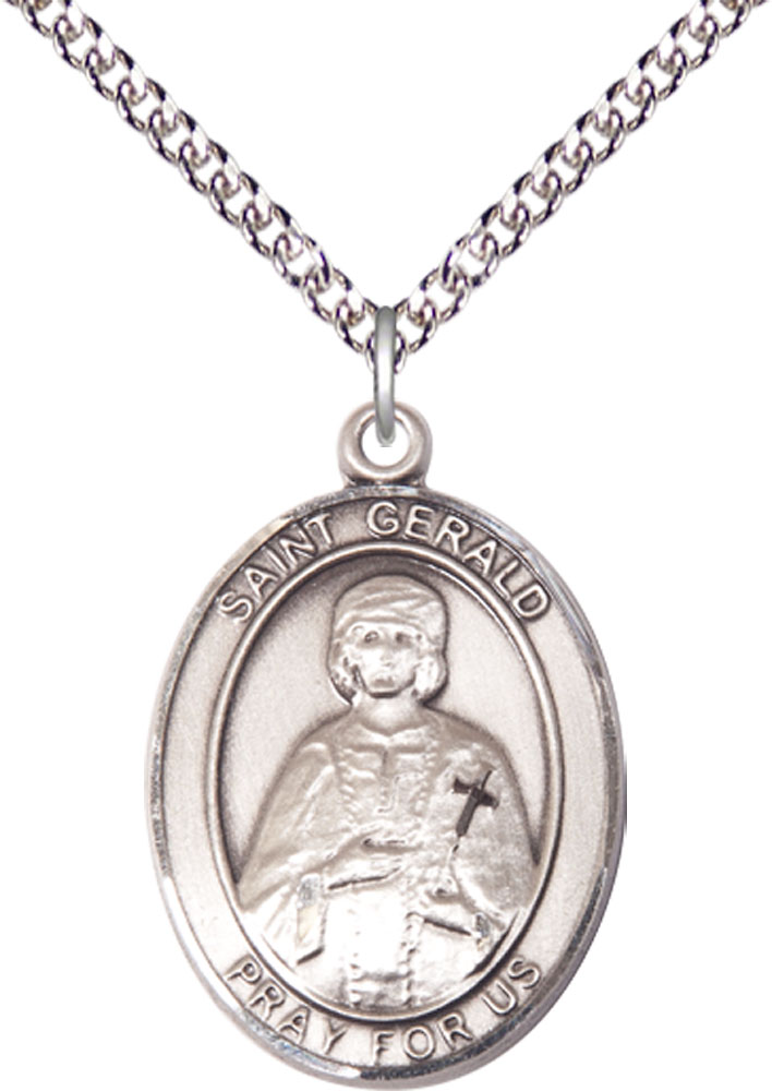 Sterling Silver Saint Gerald Pendant on a 24 inch Sterling Silver Heavy Curb chain