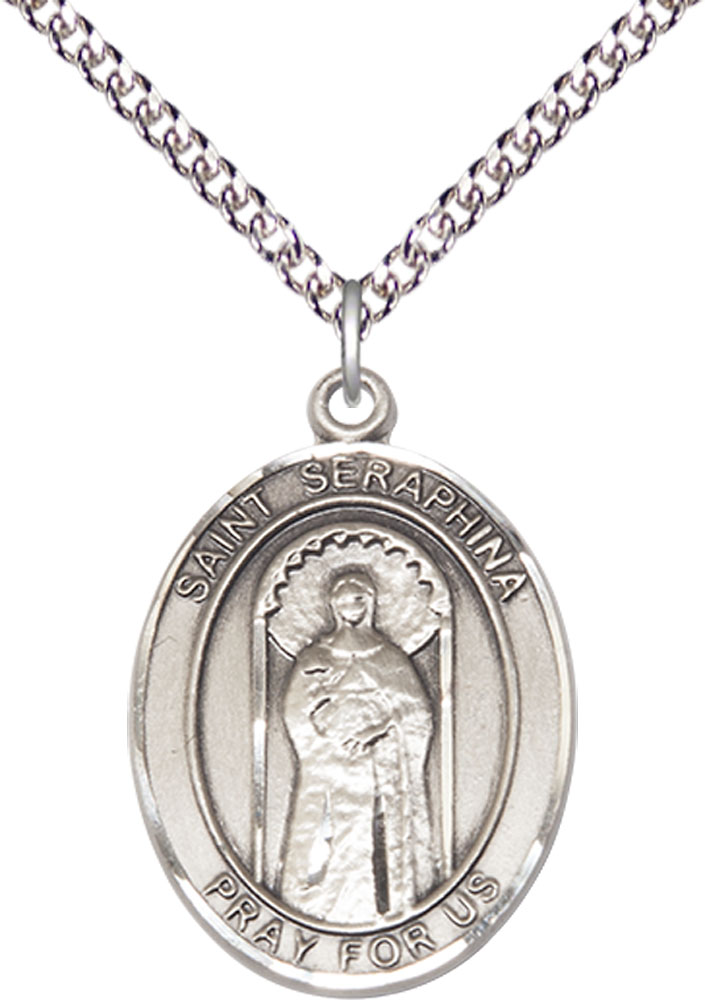 Sterling Silver Saint Seraphina Pendant on a 24 inch Sterling Silver Heavy Curb chain