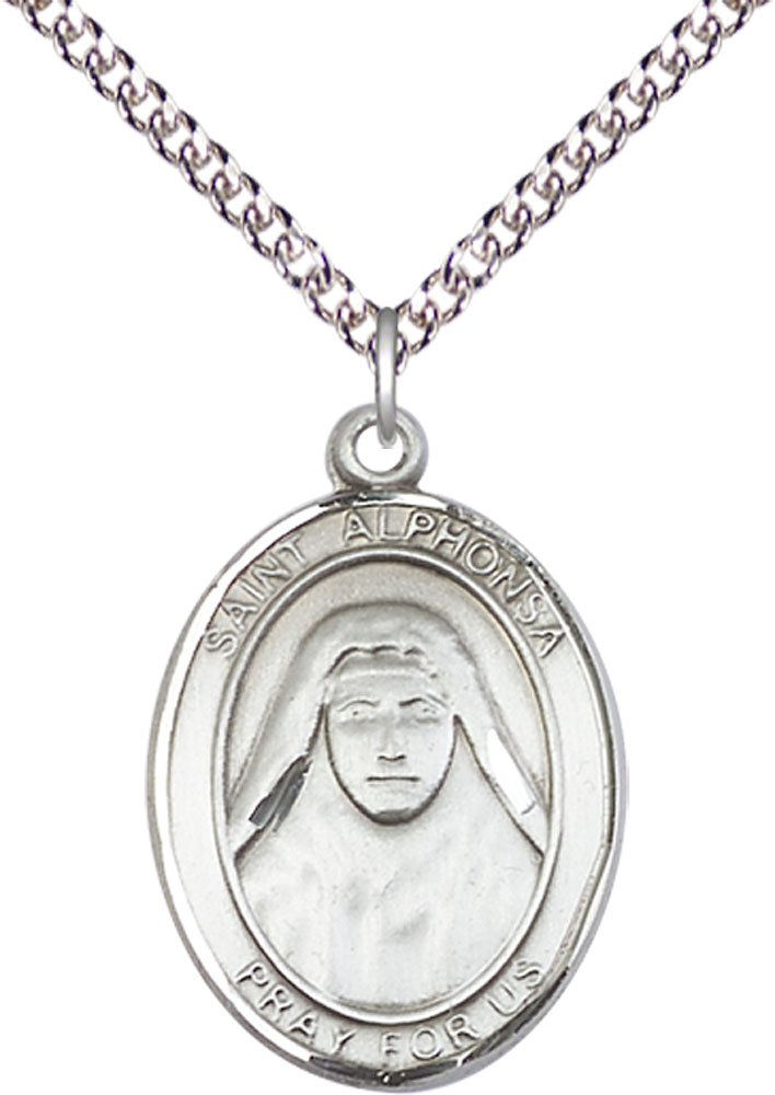 Sterling Silver Saint Alphonsa Pendant on a 24 inch Sterling Silver Heavy Curb chain