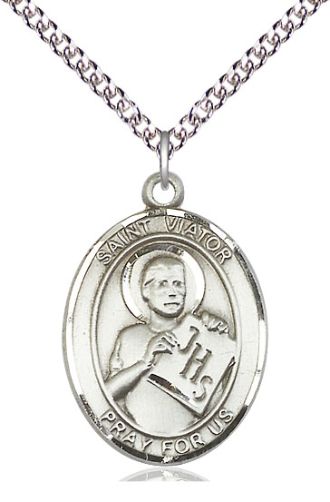 Sterling Silver Saint Viator of Bergamo Pendant on a 24 inch Sterling Silver Heavy Curb chain