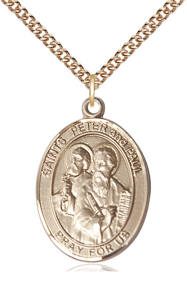 14kt Gold Filled Saint Peter St Paul Pendant on a 24 inch Gold Filled Heavy Curb chain