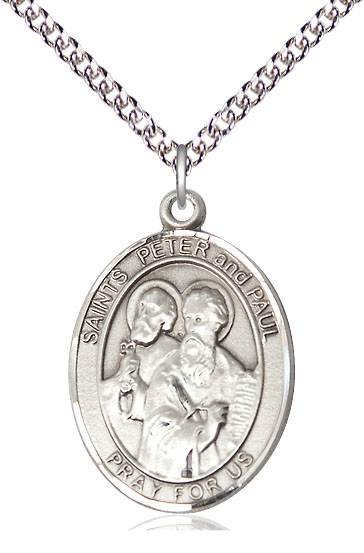Sterling Silver Saint Peter St Paul Pendant on a 24 inch Sterling Silver Heavy Curb chain